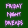 Dark green background with "Friday Night Dreads" written on it in shimmery, bright purple letters.